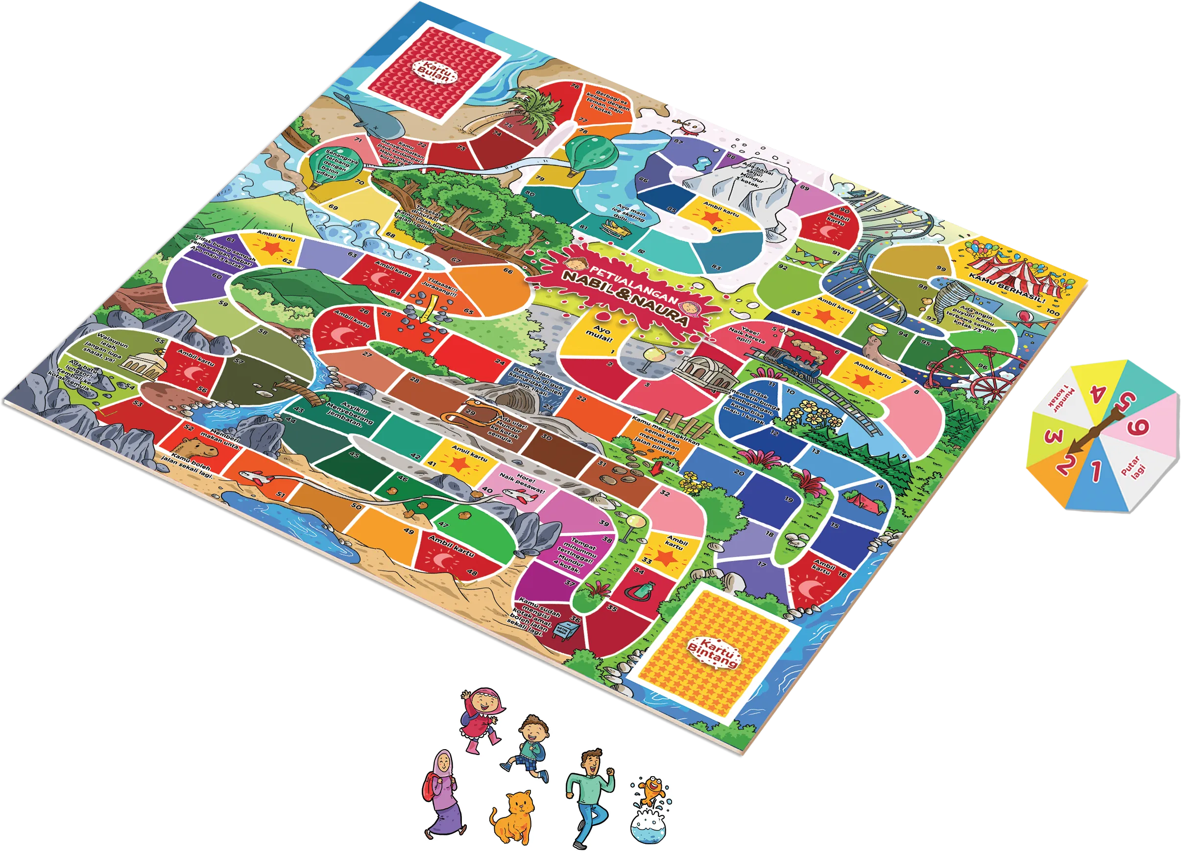 Board game Petualangan Nabil dan Naura lengkap dengan pion dan pemutar.